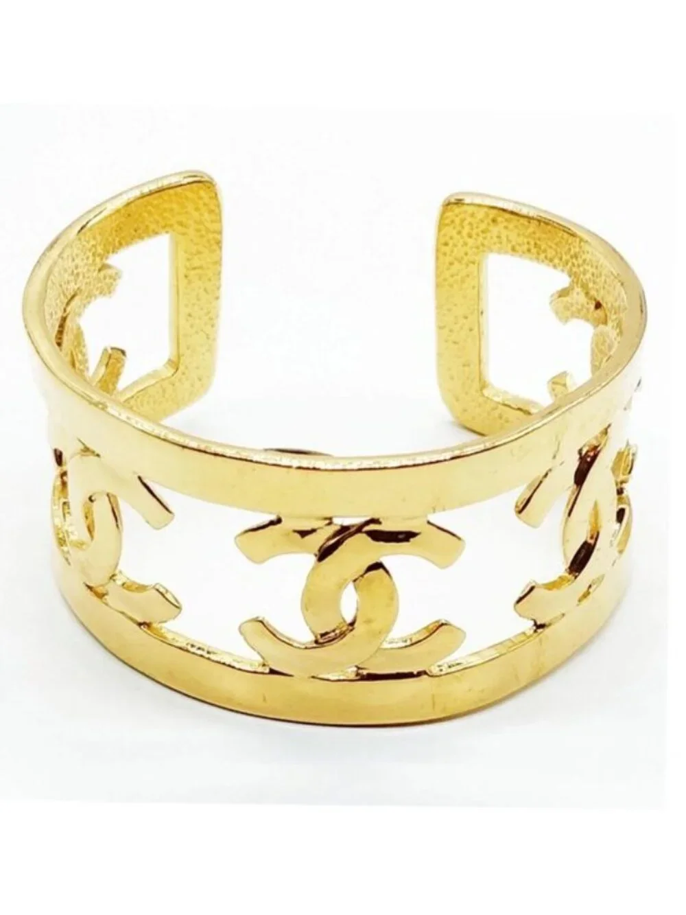 Chanel Gold Tone CC Logo Cutout Wide Open Cuff Bracelet Vintage